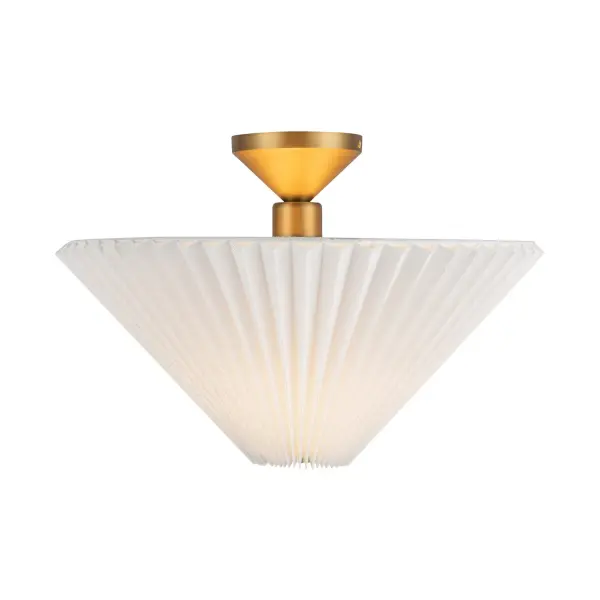 Introducing the Bridgette collection, where simplicity meets creativity in lighting! These fixtures feature striking triangular silhouettes and come in a variety of shades, so you can choose the perfect one to match your style. They'll add a pop of color and personality to any room. Collection: Bridgette Designer: Peyton Fox Finish: Brushed Gold/Folded White Glass: White Acrylic Diffuser Width: 16.38" Height: 11.25" Length: 16.38" Canopy: D4.625" x H2.25" Number of Bulbs: 1 Maximum Wattage: 60.00 W Bulb Type: A19 Bulb Base: E26 Voltage: 120.00 V Material: Steel + Linen Country of Origin: China Safety Listing: UL Safety Rating: Dry Spec Sheet Instructions