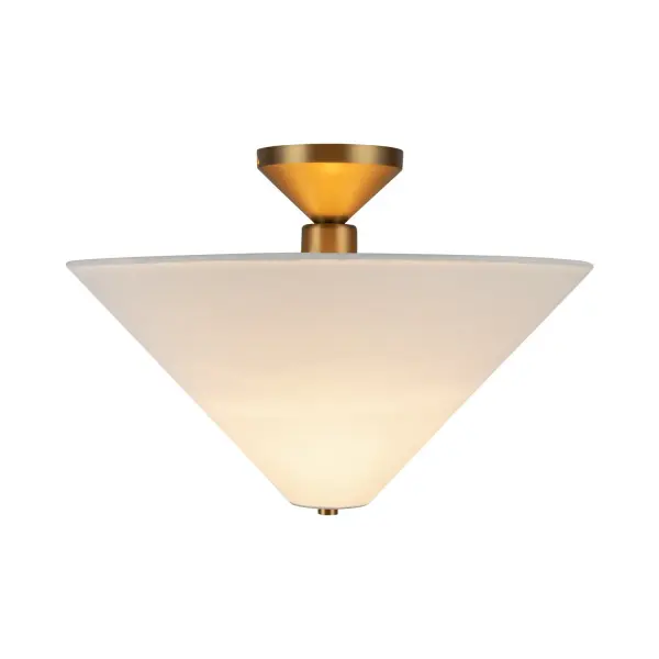 Introducing the Bridgette collection, where simplicity meets creativity in lighting! These fixtures feature striking triangular silhouettes and come in a variety of shades, so you can choose the perfect one to match your style. They'll add a pop of color and personality to any room. Collection: Bridgette Designer: Peyton Fox Finish: Brushed Gold/White Linen Glass: White Acrylic Diffuser Width: 16.38" Height: 11.25" Length: 16.38" Canopy: D4.625" x H2.25" Number of Bulbs: 1 Maximum Wattage: 60.00 W Bulb Type: A19 Bulb Base: E26 Voltage: 120.00 V Material: Steel + Linen Country of Origin: China Safety Listing: UL Safety Rating: Dry Spec Sheet Instructions