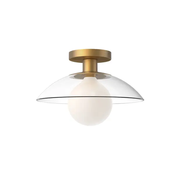 The Flora semi-flush blends simplicity and style with a clean, modern silhouette. Featuring a clear glass shade framed by subtle metal accents, it offers a refined look that complements a variety of interiors. Its open design allows you to personalize the fixture by choosing a decorative bulb (not included), letting you tailor the ambiance to your space. Ideal for hallways, bedrooms, or living areas, Flora delivers understated elegance with versatile appeal. Collection: Francesca Designer: Alan Pepin Finish: Aged Gold/Clear Glass Glass: Clear Glass Width: 11.88" Height: 5.50" Length: 11.88" Weight: 2.42 lb Canopy: D4.75" x H0.875" Number of Bulbs: 1 Maximum Wattage: 60.00 W Bulb Type: G Bulb Base: E26 Voltage: 120.00 V Material: Steel + Glass Country of Origin: China Safety Listing: UL Safety Rating: Dry Manufacturer Warranty: 1 Year Spec Sheet Instructions