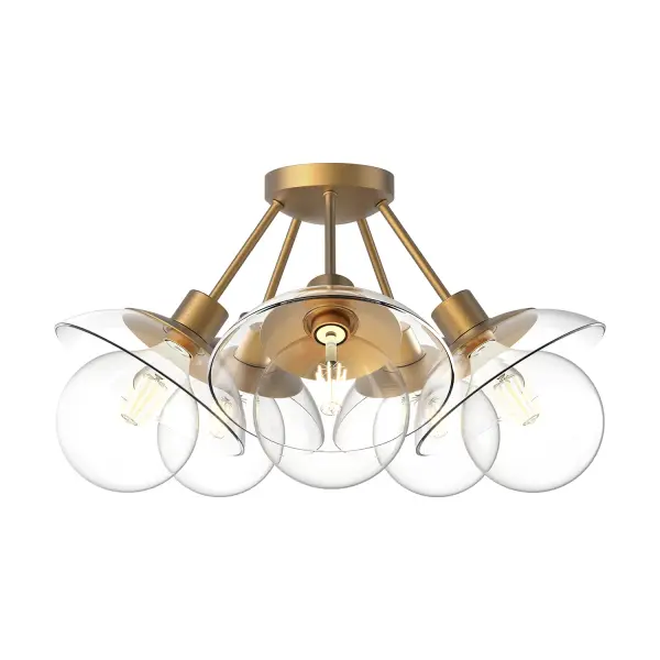 Inspired by flower petals mixed with a bit of mid-century flair, the Francesca collection adds a beautiful statement to any room. Featuring a classic Sputnik facade and modern glass "petals," this collection adds flair to design of any size. Collection: Francesca Designer: Alan Pepin Finish: Aged Gold/Clear Glass Glass: Clear Glass Width: 19.75" Height: 10.38" Length: 19.75" Weight: 6.83 lb Canopy: D4.75" x H1.75" Number of Bulbs: 5 Maximum Wattage: 60.00 W Bulb Type: G Bulb Base: E26 Voltage: 120.00 V Material: Steel + Glass Country of Origin: China Safety Listing: UL Safety Rating: Dry Manufacturer Warranty: 1 Year Spec Sheet Instructions