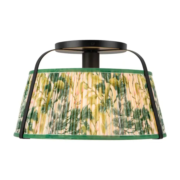 The Scout Flush Mount updates traditional pleated linen shades with vibrant patterns in white, green, butter yellow, and warm red. Paired with playful metalwork, this ceiling fixture delivers functional, ambient light while adding personality to bedrooms, hallways, or living spaces. Its compact design suits lower ceilings while maintaining Scout's signature style. Ideal for transitional or eclectic interiors, the Scout Flush Mount brings character, warmth, and charm, transforming everyday spaces into inviting, visually engaging rooms. Collection: Scout Designer: Peyton Fox Finish: Matte Black/Green Linen Glass: Frosted PC Diffuser Width: 13.25" Height: 8.00" Weight: 4.63 lb Canopy: D6.375" x H0.625" Number of Bulbs: 1 Maximum Wattage: 60.00 W Bulb Type: A19 Bulb Base: E26 Voltage: 120.00 V Material: Steel + Linen Country of Origin: China Safety Listing: UL Safety Rating: Dry Spec Sheet Instructions