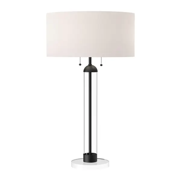 Sasha is a classically made modern table lamp with serious style. Sasha is composed of an elegant arm of stunning clear glass, enveloping and exposing a metallic stem, and adorned with a stunning white linen drum shade. This classic mix of texture and finish is sure to add elegance and style in any space. Collection: Sasha Designer: Alan Pepin Finish: Matte Black/White Linen Glass: Clear Glass Width: 18.13" Height: 31.00" Length: 18.13" Weight: 8.55 lb Wire: 96" Black Canopy: D7.875" x H1" Number of Bulbs: 2 Maximum Wattage: 60.00 W Bulb Type: A19 Bulb Base: E26 Voltage: 120.00 V Material: Steel + Glass Country of Origin: China Safety Listing: ETL Safety Rating: Dry Manufacturer Warranty: 1 Year Spec Sheet Instructions