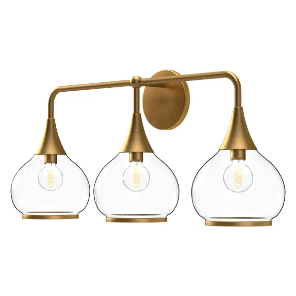 Hazel is inspired by vintage apothecary bottles of the early-1900s. With a flowing, curvy opal or clear glass shade and dainty metal accents, this collection is perfectly poised to fit your home's unique mood. Collection: Hazel Designer: Alan Pepin Finish: Aged Gold/Clear Glass Glass: Clear Glass Width: 26.75" Height: 11.88" Weight: 5.73 lb Extension from Wall: 7.00" Canopy: D4.75" x E0.625" Number of Bulbs: 3 Maximum Wattage: 60.00 W Bulb Type: A19 Bulb Base: E26 Voltage: 120.00 V Material: Steel + Glass Country of Origin: China Safety Listing: UL Safety Rating: Damp Manufacturer Warranty: 1 Year Spec Sheet Instructions