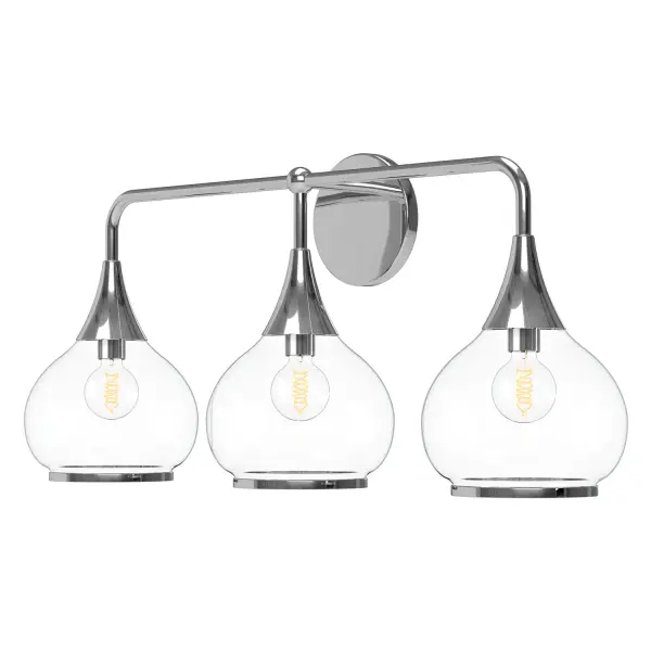 Hazel is inspired by vintage apothecary bottles of the early-1900s. With a flowing, curvy opal or clear glass shade and dainty metal accents, this collection is perfectly poised to fit your home's unique mood. Collection: Hazel Designer: Alan Pepin Finish: Chrome/Clear Glass Glass: Clear Glass Width: 26.75" Height: 11.88" Weight: 5.73 lb Extension from Wall: 7.00" Canopy: D4.75" x E0.625" Number of Bulbs: 3 Maximum Wattage: 60.00 W Bulb Type: A19 Bulb Base: E26 Voltage: 120.00 V Material: Steel + Glass Country of Origin: China Safety Listing: UL Safety Rating: Damp Manufacturer Warranty: 1 Year Spec Sheet Instructions