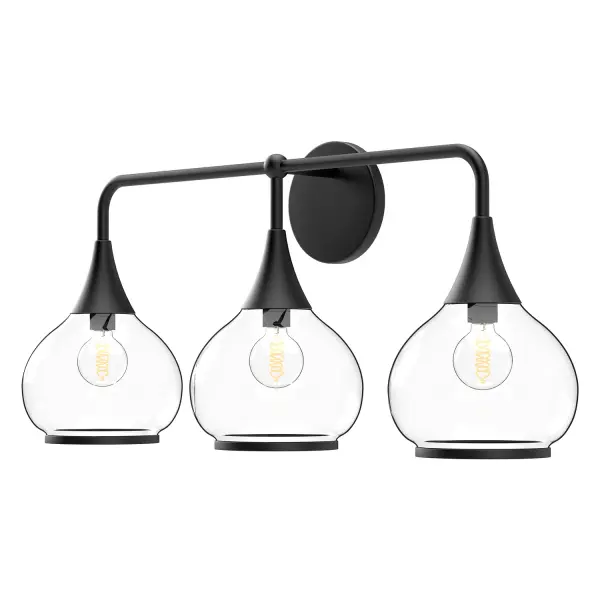 Hazel is inspired by vintage apothecary bottles of the early-1900s. With a flowing, curvy opal or clear glass shade and dainty metal accents, this collection is perfectly poised to fit your home's unique mood. Collection: Hazel Designer: Alan Pepin Finish: Clear Glass/Matte Black Glass: Clear Glass Width: 26.75" Height: 11.88" Weight: 5.73 lb Extension from Wall: 7.00" Canopy: D4.75" x E0.625" Number of Bulbs: 3 Maximum Wattage: 60.00 W Bulb Type: A19 Bulb Base: E26 Voltage: 120.00 V Material: Steel + Glass Country of Origin: China Safety Listing: UL Safety Rating: Damp Manufacturer Warranty: 1 Year Spec Sheet Instructions