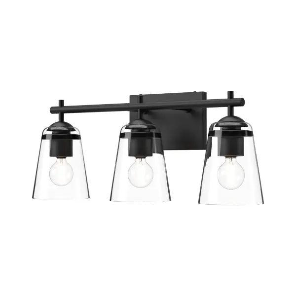 Addison is a chic and modern take on a traditional bath bar. With a sleek, geometric metal frame and curved clear glass shades, this collection is completely timeless. Place this above your vanity mirror for an extra flair of modern elegance. Collection: Addison Finish: Clear Glass/Matte Black Glass: Clear Glass Width: 21.88" Height: 8.38" Weight: 4.18 lb Extension from Wall: 6.50" Canopy: W7.5" x H4.75" x E0.625" Number of Bulbs: 3 Maximum Wattage: 60.00 W Bulb Type: A19 Bulb Base: E26 Voltage: 120.00 V Material: Steel + Glass Country of Origin: China Safety Listing: UL Safety Rating: Damp Manufacturer Warranty: 1 Year Spec Sheet Instructions