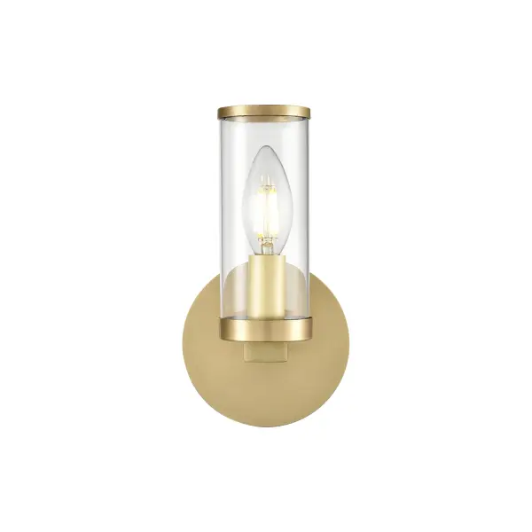 Evoking the elegance of antique candle-holders, Revolve has clear glass tubes accented with metal rings, gathered around a striking chandelier body. Available in our Urban Bronze and Natural Brass finishes, it also comes as a series of coordinating wall sconces. Collection: Revolve Sub-Brand: ALORA Finish: Clear Glass/Natural Brass Glass: Clear Glass Width: 4.75" Height: 8.63" Weight: 1.20 lb Extension from Wall: 4.00" Canopy: D4.75" x E0.875" Number of Bulbs: 1 Maximum Wattage: 60.00 W Bulb Type: Incandescent Bulb Base: E12 Candelabra Light Source: Incandescent Voltage: 120.00 V Material: Steel + Glass Country of Origin: China Safety Listing: UL Safety Rating: Damp ADA Manufacturer Warranty: 1 Year Spec Sheet Instructions
