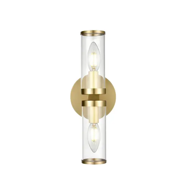 Evoking the elegance of antique candle-holders, Revolve has clear glass tubes accented with metal rings, gathered around a striking chandelier body. Available in our Urban Bronze and Natural Brass finishes, it also comes as a series of coordinating wall sconces. Collection: Revolve Sub-Brand: ALORA Finish: Clear Glass/Natural Brass Glass: Clear Glass Width: 4.75" Height: 12.63" Weight: 1.80 lb Extension from Wall: 4.00" Canopy: D4.75" x E0.875" Number of Bulbs: 2 Maximum Wattage: 60.00 W Bulb Type: Incandescent Bulb Base: E12 Candelabra Light Source: Incandescent Voltage: 120.00 V Material: Steel + Glass Country of Origin: China Safety Listing: UL Safety Rating: Damp ADA Manufacturer Warranty: 1 Year Spec Sheet Instructions
