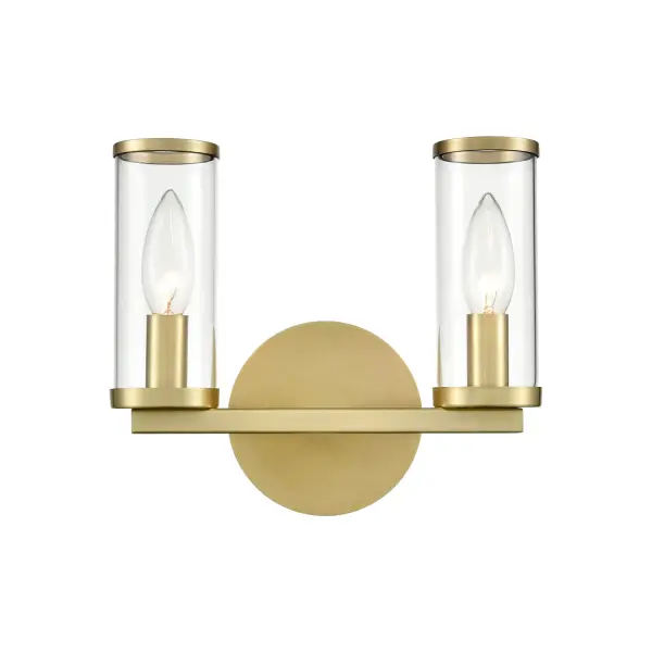Evoking the elegance of antique candle-holders, Revolve has clear glass tubes accented with metal rings, gathered around a striking chandelier body. Available in multiple finishes, also available as a series of coordinating vanity and wall sconces. Collection: Revolve Sub-Brand: ALORA Finish: Clear Glass/Natural Brass Glass: Clear Glass Width: 10.38" Height: 8.63" Weight: 2.30 lb Extension from Wall: 4.00" Canopy: D4.75" x E0.875" Number of Bulbs: 2 Maximum Wattage: 60.00 W Bulb Type: Candelabra Bulb Base: E12 Candelabra Light Source: Incandescent Voltage: 120.00 V Material: Steel + Glass Country of Origin: China Safety Listing: UL Safety Rating: Damp ADA Manufacturer Warranty: 1 Year Spec Sheet Instructions