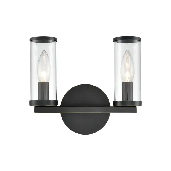 Evoking the elegance of antique candle-holders, Revolve has clear glass tubes accented with metal rings, gathered around a striking chandelier body. Available in multiple finishes, also available as a series of coordinating vanity and wall sconces. Collection: Revolve Sub-Brand: ALORA Finish: Clear Glass/Urban Bronze Glass: Clear Glass Width: 10.38" Height: 8.63" Weight: 2.30 lb Extension from Wall: 4.00" Canopy: D4.75" x E0.875" Number of Bulbs: 2 Maximum Wattage: 60.00 W Bulb Type: Candelabra Bulb Base: E12 Candelabra Light Source: Incandescent Voltage: 120.00 V Material: Steel + Glass Country of Origin: China Safety Listing: UL Safety Rating: Damp ADA Manufacturer Warranty: 1 Year Spec Sheet Instructions