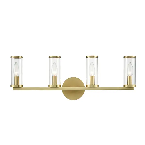 Evoking the elegance of antique candle-holders, Revolve has clear glass tubes accented with metal rings, gathered around a striking chandelier body. Available in multiple finishes, also available as a series of coordinating vanity and wall sconces. Collection: Revolve Sub-Brand: ALORA Finish: Clear Glass/Natural Brass Glass: Clear Glass Width: 25.00" Height: 8.63" Weight: 4.70 lb Extension from Wall: 4.25" Canopy: D4.75" x E0.875" Number of Bulbs: 4 Maximum Wattage: 60.00 W Bulb Type: Candelabra Bulb Base: E12 Candelabra Light Source: Incandescent Voltage: 120.00 V Material: Steel + Glass Country of Origin: China Safety Listing: UL Safety Rating: Damp Manufacturer Warranty: 1 Year Spec Sheet Instructions
