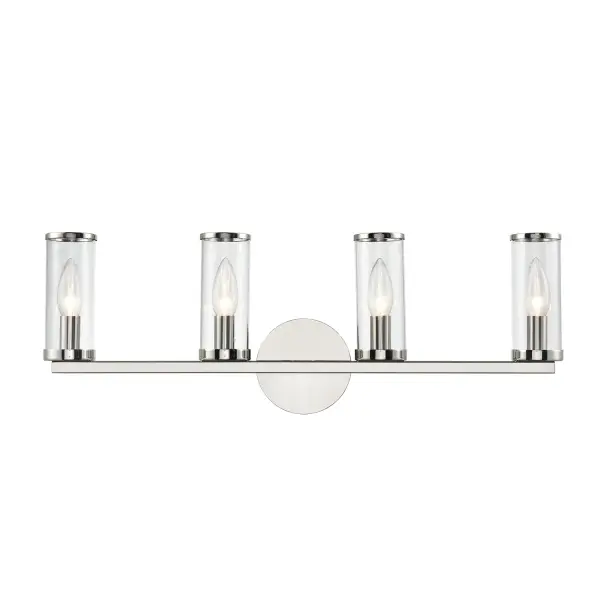 Evoking the elegance of antique candle-holders, Revolve has clear glass tubes accented with metal rings, gathered around a striking chandelier body. Available in multiple finishes, also available as a series of coordinating vanity and wall sconces. Collection: Revolve Sub-Brand: ALORA Finish: Clear Glass/Polished Nickel Glass: Clear Glass Width: 25.00" Height: 8.63" Weight: 4.70 lb Extension from Wall: 4.25" Canopy: D4.75" x E0.875" Number of Bulbs: 4 Maximum Wattage: 60.00 W Bulb Type: Candelabra Bulb Base: E12 Candelabra Light Source: Incandescent Voltage: 120.00 V Material: Steel + Glass Country of Origin: China Safety Listing: UL Safety Rating: Damp Manufacturer Warranty: 1 Year Spec Sheet Instructions