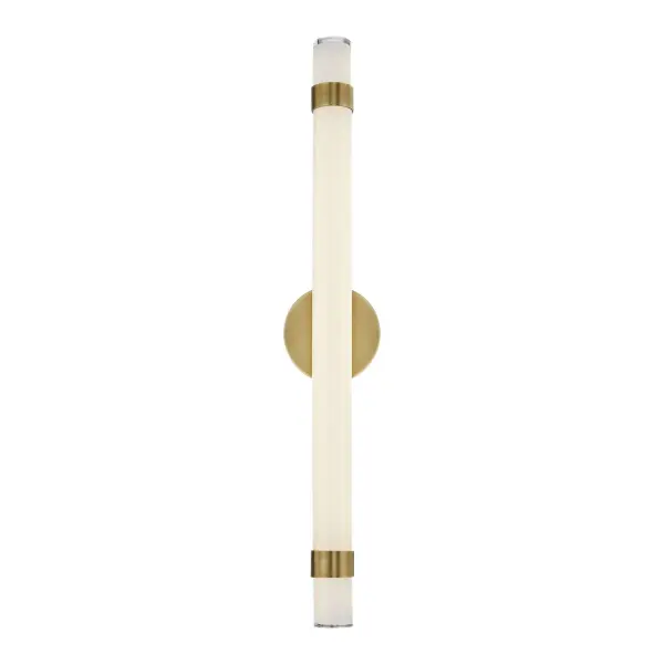 The Madison collection exudes classic elegance with a modern twist. With a large, ample glass tube filled with ambient illumination, this collection is simple yet stunning. Light and concise metal bands and arms twist gracefully around this collection, making a timeless statement wherever it is placed. Collection: Madison Designer: Alan Pepin Finish: Vintage Brass/Glossy Opal Glass: Glossy Opal Glass Width: 2.38" Height: 30.00" Extension from Wall: 5.38" Canopy: D5.25" x E1.5" Maximum Wattage: 24.00 W Bulb Type: LED Light Source: LED Light Output: 2280.00 lm Delivered Lumens: 1845.00 lm Color Temperature: 3000 K CRI: 90 Rated Average Life: 50,000 Voltage: 120.00 V Material: Aluminum + Steel + Glass Country of Origin: China Safety Listing: ETL Safety Rating: Damp Title 24 LED Spec Sheet Instructions
