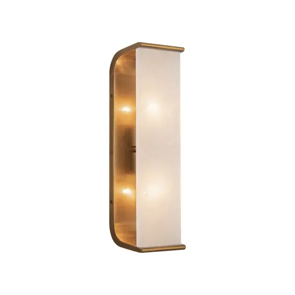Abbott sconces feature a stone lens set into a gracefully curved organic metal base. It is modern and clean with a feminine touch. The organic curvature of the fixture's metal body holds the Alabaster lens with ease. Alabaster boasts distinct variations in both its veining and tone, a unique characteristic of a timeless natural material. No two pieces will look the exact same. Collection: Abbott Designer: Elisa Carlucci Finish: Vintage Brass/Alabaster Glass: Alabaster Shade Width: 4.25" Height: 15.00" Extension from Wall: 3.88" Number of Bulbs: 2 Maximum Wattage: 60.00 W Bulb Type: E12 Bulb Base: E12 Candelabra Voltage: 120.00 V Material: Steel + Alabaster Country of Origin: China Safety Listing: UL Safety Rating: Damp ADA Manufacturer Warranty: 1 Year Spec Sheet Instructions