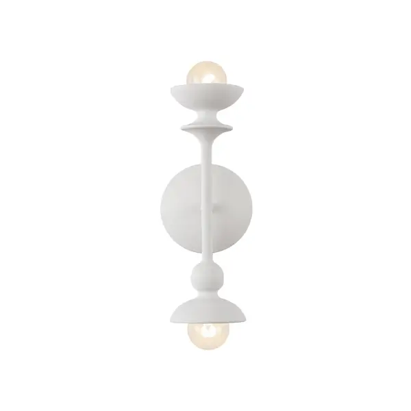 Cadence is a playful study in rhythm, a mix of sculptural organic shapes. Inspired by abstract sculpture, it is asymmetrical yet visually balanced. Finished in a brand new, textural white finish, this collection creates an artful energy in any room. Collection: Cadence Designer: Elisa Carlucci Finish: Antique White Width: 4.50" Height: 11.00" Extension from Wall: 5.50" Canopy: D4.5" x E1.5" Number of Bulbs: 2 Maximum Wattage: 60.00 W Bulb Type: G Bulb Base: E12 Voltage: 120.00 V Material: Steel Country of Origin: China Safety Listing: UL Safety Rating: Damp Manufacturer Warranty: 1 Year Spec Sheet Instructions