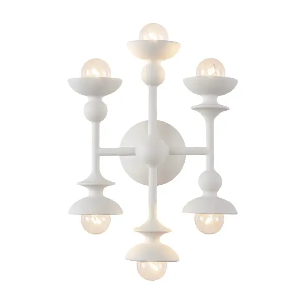 Cadence is a playful study in rhythm, a mix of sculptural organic shapes. Inspired by abstract sculpture, it is asymmetrical yet visually balanced. Finished in a brand new, textural white finish, this collection creates an artful energy in any room. Collection: Cadence Designer: Elisa Carlucci Finish: Antique White Width: 11.00" Height: 14.00" Extension from Wall: 5.50" Canopy: D4.5" x E1.5" Number of Bulbs: 6 Maximum Wattage: 60.00 W Bulb Type: G Bulb Base: E12 Voltage: 120.00 V Material: Steel Country of Origin: China Safety Listing: UL Safety Rating: Damp Manufacturer Warranty: 1 Year Spec Sheet Instructions
