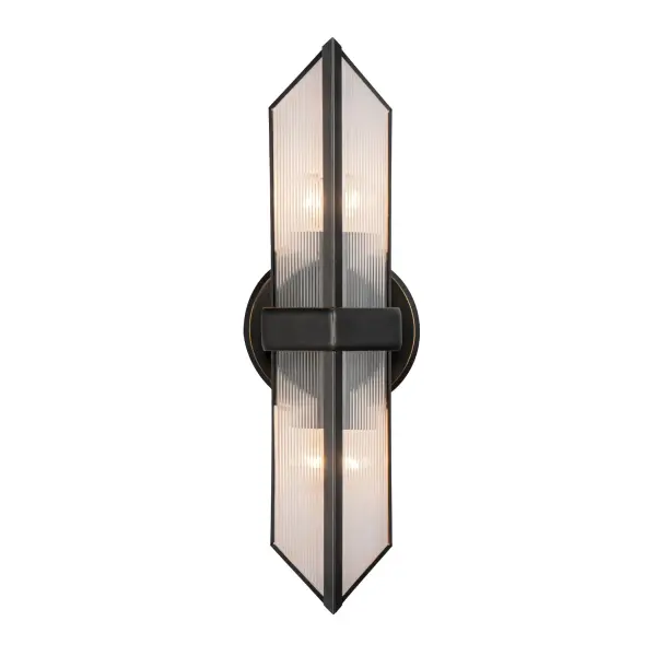 Cairo takes ancient form to a new, luxury level. Inspired by IM Pei's interpretation of the pyramids in the form of the Louvre, the Cairo collection exudes modern yet classic elegance. Strong metal frames dance with beautiful, ribbed glass in this stunning collection from Elisa Carlucci. Collection: Cairo Designer: Elisa Carlucci Finish: Urban Bronze/Ribbed Glass Glass: Clear Ribbed Glass Width: 3.38" Height: 15.13" Extension from Wall: 4.13" Canopy: D4.75" x E0.625" Number of Bulbs: 2 Maximum Wattage: 60.00 W Bulb Type: T Bulb Base: E26 Voltage: 120.00 V Material: Steel + Glass Country of Origin: China Safety Listing: UL Safety Rating: Damp Manufacturer Warranty: 1 Year Spec Sheet Instructions