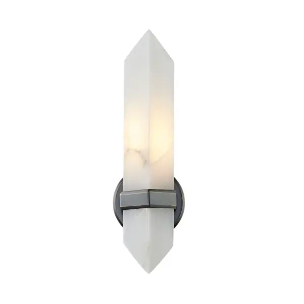 Crafted from stunning Alabaster stone, the Valencia collection is classically elegant. Comprised of a stunning diamond-shaped shade and subtle metal accompaniments, this collection is timeless. On or off, the Alabaster stone shades create sculptural art and breathtaking ambiance wherever they are placed. Alabaster boasts distinct variations in both its veining and tone, a unique characteristic of a timeless natural material. No two pieces will look the exact same. Collection: Valencia Designer: Elisa Carlucci Sub-Brand: ALORA Finish: Urban Bronze/Alabaster Glass: Alabaster Shade Width: 3.63" Height: 15.00" Extension from Wall: 4.13" Canopy: D4.75" x E0.625" Number of Bulbs: 1 Maximum Wattage: 60.00 W Bulb Type: B11 Bulb Base: E26 Voltage: 120.00 V Material: Steel + Alabaster Country of Origin: China Safety Listing: UL Safety Rating: Damp Manufacturer Warranty: 1 Year Spec Sheet Instructions