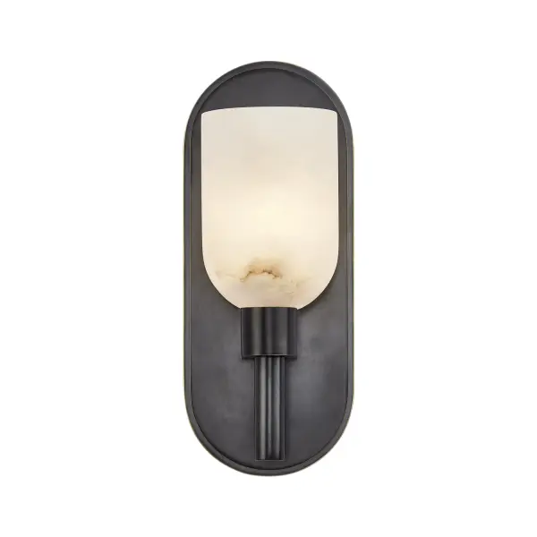 The Lucian collection is inspired by the classic shapes of antique lighting, made modern. Modern touches can be seen in the organically curved backplates and custom designed stems that create the stunning look of the Lucian. Completed with either clear glass or alabaster bowl shades, this collection defines classic elegance. Alabaster boasts distinct variations in both its veining and tone, a unique characteristic of a timeless natural material. No two pieces will look the exact same. Collection: Lucian Designer: Elisa Carlucci Sub-Brand: ALORA Finish: Urban Bronze/Alabaster Glass: Alabaster Shade Width: 3.63" Height: 9.00" Extension from Wall: 5.38" Canopy: W4.625" x H11.125" x E1" Number of Bulbs: 1 Maximum Wattage: 60.00 W Bulb Base: E12 Candelabra Voltage: 120.00 V Material: Steel + Alabaster Country of Origin: China Safety Listing: UL Safety Rating: Damp Manufacturer Warranty: 1 Year Spec Sheet Instructions