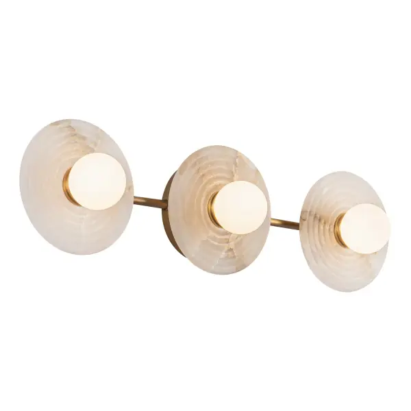 Taking inspiration from flowers and all things biophilic comes the Dahlia collection. Stunning ribbed alabaster plates adorned with delicate pearls of opal glass illumination create perfect diffused mood lighting. Each detail of the Dahlia is thoughtfully forged to create a luxury look that is sure to stand the test of time. Alabaster boasts distinct variations in both its veining and tone, a unique characteristic of a timeless natural material. No two pieces will look the exact same. Collection: Dahlia Designer: Alan Pepin Finish: Vintage Brass/Alabaster Glass: Matte Opal Glass Width: 6.00" Height: 21.63" Extension from Wall: 3.88" Canopy: D4.75" x E1" Maximum Wattage: 11.00 W Bulb Type: LED Light Source: LED Light Output: 880.00 lm Delivered Lumens: 572.00 lm Color Temperature: 2700 K CRI: 90 Rated Average Life: 50,000 Voltage: 120.00 V Material: Steel + Alabaster Country of Origin: China Safety Listing: ETL Safety Rating: Damp ADA Title 24 LED Manufacturer Warranty: 5 Years Spec Sheet Instructions