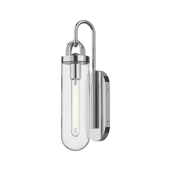 The Lancaster Collection takes the classic vintage lanterns of Paris to an elevated modern marvel. The generous glass of the Lancaster were designed with the intent to reflect all the small moments shared in a space. This collection is now available in styles for both indoor and outdoor use Collection: Lancaster Designer: Alan Pepin Finish: Chrome Glass: Clear Glass Width: 4.63" Height: 18.00" Extension from Wall: 6.00" Canopy: W4.625" x H9.875" x E0.875" Number of Bulbs: 1 Maximum Wattage: 60.00 W Bulb Type: T Bulb Base: E26 Voltage: 120.00 V Material: Steel + Glass Country of Origin: China Safety Listing: UL Safety Rating: Damp Manufacturer Warranty: 1 Year Spec Sheet Instructions