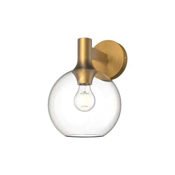 The Castilla collection has a classic chic style that is guaranteed to match the mood of your design. With two stunning metallic finishes and two glass options, this collection has endless design possibilities from fresh farmhouse to eclectic. Collection: Castilla Designer: Ryan Pauly Finish: Aged Gold/Clear Glass Glass: Clear Glass Width: 7.88" Height: 11.88" Weight: 2.42 lb Extension from Wall: 9.88" Canopy: D4.75" x E1" Number of Bulbs: 1 Maximum Wattage: 60.00 W Bulb Type: A19 Bulb Base: E26 Voltage: 120.00 V Material: Steel + Glass Country of Origin: China Safety Listing: UL Safety Rating: Damp Manufacturer Warranty: 1 Year Spec Sheet Instructions