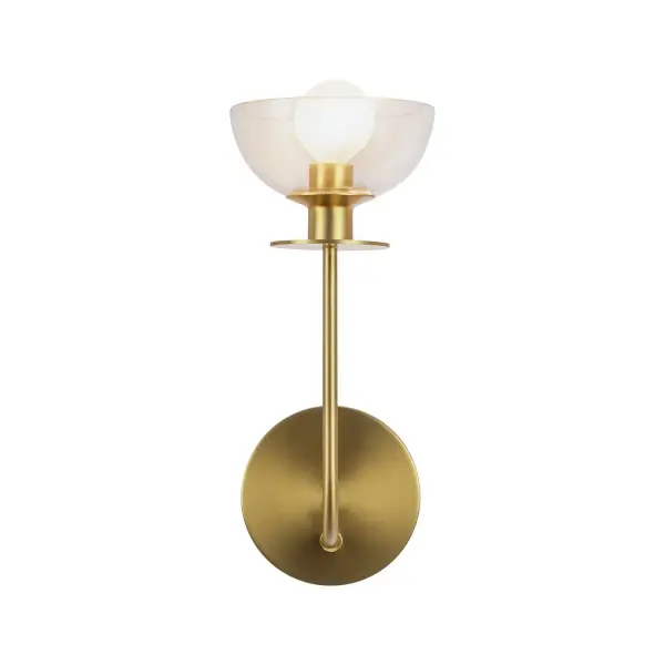 The Sylvia collection is a testament to the artistry of design, where sleek, sinuous metal forms intertwine with delicate dome-shaped glass. The curvature of the metal elements mimics the gentle arcs of nature, while the gentle glass shapes provide a sense of opulence and modern femininity. Collection: Sylvia Designer: Alan Pepin Finish: Brushed Gold/Clear Glass Glass: Clear Glass Width: 5.00" Height: 11.50" Length: 5.00" Extension from Wall: 5.75" Canopy: D4.625" x E0.875" Number of Bulbs: 1 Maximum Wattage: 60.00 W Bulb Type: G Bulb Base: E12 Voltage: 120.00 V Material: Steel + Glass Country of Origin: China Safety Listing: UL Safety Rating: Damp Spec Sheet Instructions