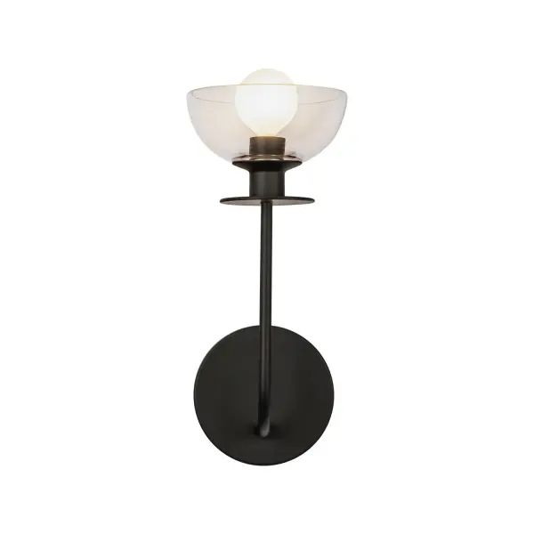 The Sylvia collection is a testament to the artistry of design, where sleek, sinuous metal forms intertwine with delicate dome-shaped glass. The curvature of the metal elements mimics the gentle arcs of nature, while the gentle glass shapes provide a sense of opulence and modern femininity. Collection: Sylvia Designer: Alan Pepin Finish: Matte Black/Clear Glass Glass: Clear Glass Width: 5.00" Height: 11.50" Length: 5.00" Extension from Wall: 5.75" Canopy: D4.625" x E0.875" Number of Bulbs: 1 Maximum Wattage: 60.00 W Bulb Type: G Bulb Base: E12 Voltage: 120.00 V Material: Steel + Glass Country of Origin: China Safety Listing: UL Safety Rating: Damp Spec Sheet Instructions