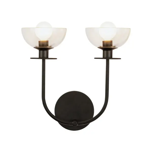 The Sylvia collection is a testament to the artistry of design, where sleek, sinuous metal forms intertwine with delicate dome-shaped glass. The curvature of the metal elements mimics the gentle arcs of nature, while the gentle glass shapes provide a sense of opulence and modern femininity. Collection: Sylvia Designer: Alan Pepin Finish: Matte Black/Clear Glass Glass: Clear Glass Width: 12.00" Height: 11.50" Length: 12.00" Extension from Wall: 5.75" Canopy: D4.625" x E0.875" Number of Bulbs: 2 Maximum Wattage: 60.00 W Bulb Type: G Bulb Base: E12 Voltage: 120.00 V Material: Steel + Glass Country of Origin: China Safety Listing: UL Safety Rating: Damp Spec Sheet Instructions