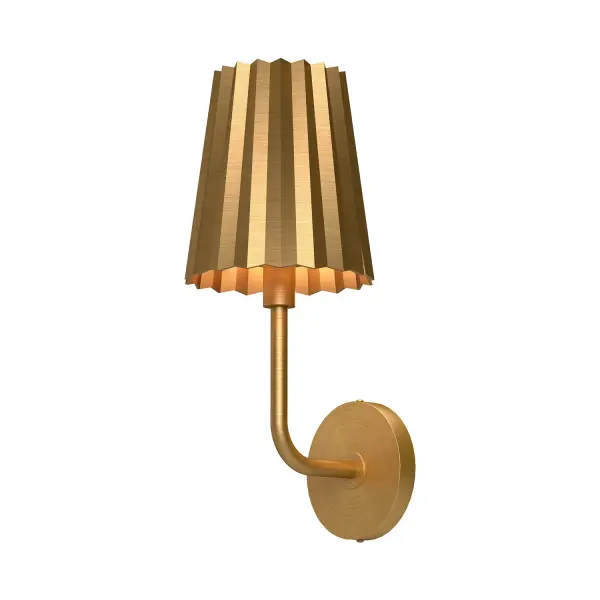 Straight off the Parisian runway comes the unique Plisse collection. With pleats of stunning metal or glass, this collection adds chic ambiance wherever it goes. From striking large-form metal pendants to delicate vintage-inspired glass sconces, the Plisse captures the essence of vintage class. Collection: Plisse Designer: Alan Pepin Finish: Aged Gold Glass: Steel Shade Width: 7.00" Height: 17.00" Weight: 3.26 lb Extension from Wall: 7.88" Canopy: D5.125" x E0.875" Number of Bulbs: 1 Maximum Wattage: 60.00 W Bulb Type: A19 Bulb Base: E26 Voltage: 120.00 V Material: Steel Country of Origin: China Safety Listing: UL Safety Rating: Damp Manufacturer Warranty: 1 Year Spec Sheet Instructions