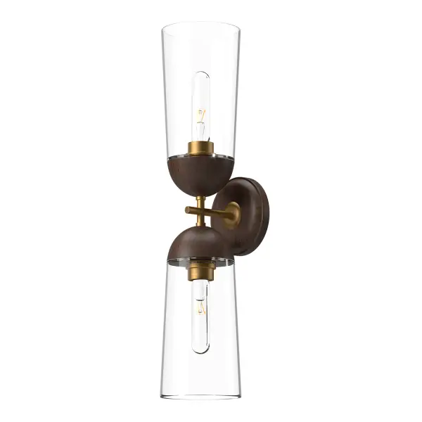 Bring a touch of organic style to your lighting with the Emil collection. Adorned in gorgeous White Oak or Walnut wood finishes and completed with luxe metallic detailing, this collection is stunningly unique. Change the mood of the fixture completely from Scandinavian to rustic cottage by choosing between these iconic finish pairings. Collection: Emil Designer: Alan Pepin Finish: Aged Gold/Walnut Glass: Clear Glass Width: 5.00" Height: 23.38" Weight: 4.85 lb Extension from Wall: 6.13" Canopy: D5.125" x E1.25" Number of Bulbs: 2 Maximum Wattage: 60.00 W Bulb Type: T Bulb Base: E26 Voltage: 120.00 V Material: Steel + Glass Country of Origin: China Safety Listing: UL Safety Rating: Damp Manufacturer Warranty: 1 Year Spec Sheet Instructions