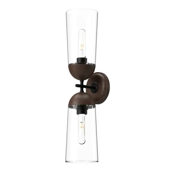 Bring a touch of organic style to your lighting with the Emil collection. Adorned in gorgeous White Oak or Walnut wood finishes and completed with luxe metallic detailing, this collection is stunningly unique. Change the mood of the fixture completely from Scandinavian to rustic cottage by choosing between these iconic finish pairings. Collection: Emil Designer: Alan Pepin Finish: Matte Black/Walnut Glass: Clear Glass Width: 5.00" Height: 23.38" Weight: 4.85 lb Extension from Wall: 6.13" Canopy: D5.125" x E1.25" Number of Bulbs: 2 Maximum Wattage: 60.00 W Bulb Type: T Bulb Base: E26 Voltage: 120.00 V Material: Steel + Glass Country of Origin: China Safety Listing: UL Safety Rating: Damp Manufacturer Warranty: 1 Year Spec Sheet Instructions
