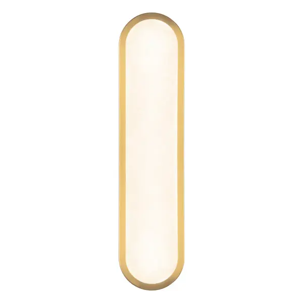 The Evelyn Pill-Shaped Wall Sconce offers sleek, organic lighting with a natural alabaster diffuser that ensures no two pieces are exactly alike. Integrated LED features a 5-color temperature selectable switch from 2700K to 5000K, giving you complete control over ambiance. Ideal for hallways, bedrooms, or accent walls, the curved pill shape delivers soft, elegant illumination while adding sculptural interest. Perfect for modern, transitional, or contemporary interiors, the Evelyn Sconce balances functional lighting with sophisticated, impactful design. Collection: Evelyn Finish: Brushed Gold/Alabaster Glass: Alabaster Width: 5.25" Height: 22.00" Weight: 6.48 lb Extension from Wall: 1.50" Maximum Wattage: 17.00 W Bulb Type: Module Bulb Base: AC Light Source: LED Light Output: 1360.00 lm Delivered Lumens: 902.00 lm Color Temperature: 2700 K CRI: 90 Rated Average Life: 50,000 Voltage: 120.00 V Material: Steel + Alabaster Country of Origin: China Safety Listing: ETL Safety Rating: Damp ADA Title 24 LED Spec Sheet Instructions