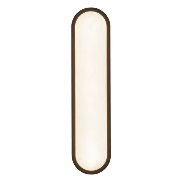 The Evelyn Pill-Shaped Wall Sconce offers sleek, organic lighting with a natural alabaster diffuser that ensures no two pieces are exactly alike. Integrated LED features a 5-color temperature selectable switch from 2700K to 5000K, giving you complete control over ambiance. Ideal for hallways, bedrooms, or accent walls, the curved pill shape delivers soft, elegant illumination while adding sculptural interest. Perfect for modern, transitional, or contemporary interiors, the Evelyn Sconce balances functional lighting with sophisticated, impactful design. Collection: Evelyn Finish: Matte Black/Alabaster Glass: Alabaster Width: 5.25" Height: 22.00" Weight: 6.48 lb Extension from Wall: 1.50" Maximum Wattage: 17.00 W Bulb Type: Module Bulb Base: AC Light Source: LED Light Output: 1360.00 lm Delivered Lumens: 841.00 lm Color Temperature: 2700 K CRI: 90 Rated Average Life: 50,000 Voltage: 120.00 V Material: Steel + Alabaster Country of Origin: China Safety Listing: ETL Safety Rating: Damp ADA Title 24 LED Spec Sheet Instructions