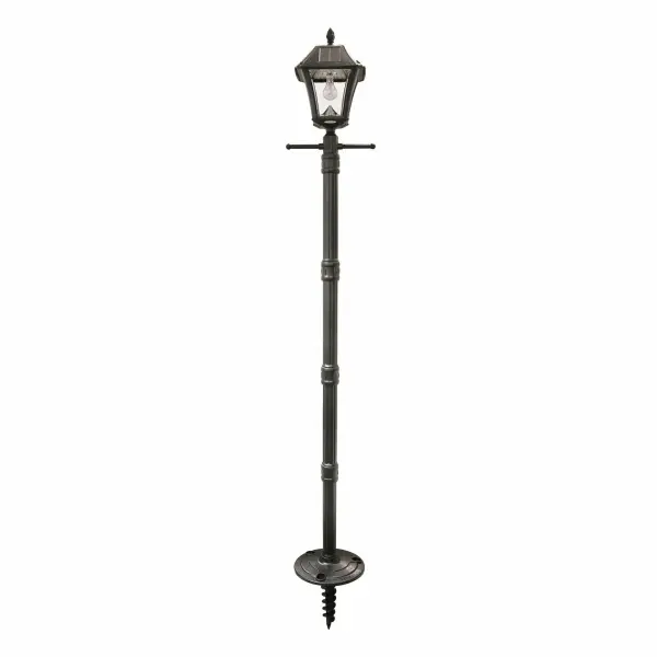 The Baytown II combines 19th-century lantern styling with modern solar technology. Standing 77 inches tall, it delivers 130 lumens of warm white light for up to 12 hours with no wiring required.