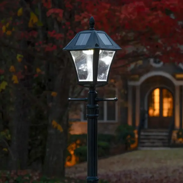 The Baytown II combines 19th-century lantern styling with modern solar technology. Standing 78 inches tall, it delivers 130 lumens of bright white light for up to 10 hours with zero wiring required. - alternate view