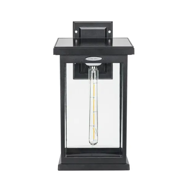 The Modern Farmhouse Solar Wall Light combines classic farmhouse aesthetics with modern solar technology. Featuring a vintage tubular LED bulb and durable cast aluminum construction, it delivers 100 lumens of warm illumination for up to 2 nights on a single charge. - alternate view