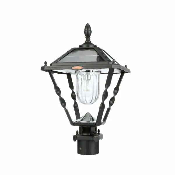 The Spiral Frame Solar Post Light combines Spanish-inspired iron design with modern solar technology. Features 11 LEDs providing 150 lumens of warm white light for up to 20 hours on a full charge, all in a durable cast aluminum frame.