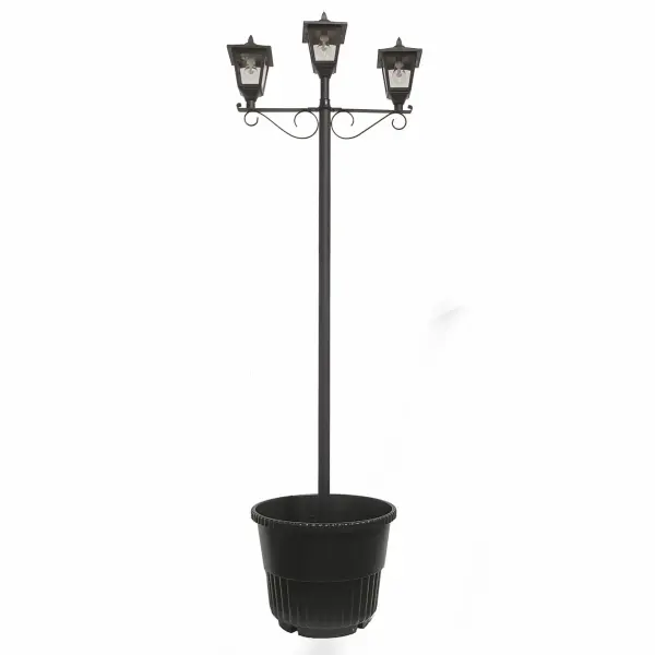 This eco-friendly solar lamp post combines functional pathway lighting with decorative planting capability. Three warm white LED heads provide 90 total lumens for up to 10 hours, powered entirely by solar energy with no wiring required.