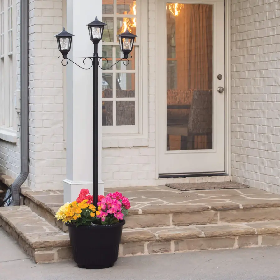 Triple Head Solar Lamp Post with Round Planter - Image 3