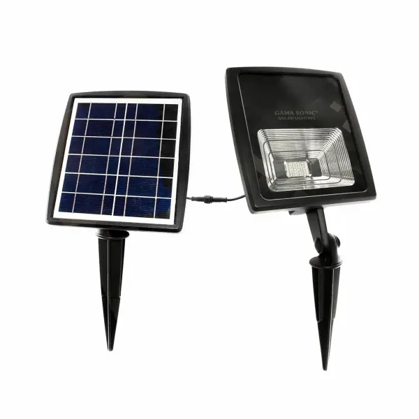 Energy-efficient solar flood light with warm-white and bright-white LED options, delivering 250 lumens for up to 20 hours. Features detachable solar panel, multiple mounting options, and weatherproof cast aluminum construction.