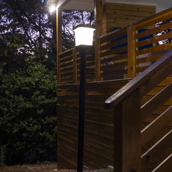 The Halo Solar Post Light delivers 300 lumens of eco-friendly illumination with dual color temperature options (2700K warm white or 6000K bright white). Wire-free installation, IP65 weather resistance, and up to two nights of runtime make this a smart, sustainable choice for outdoor lighting. - alternate view
