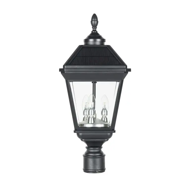 The Imperial Trio Bulb Solar Post Light delivers authentic gas-lantern charm with modern solar efficiency. Three warm-white LED bulbs provide 180 lumens of 360° illumination, powered by advanced trapezoidal solar panels and lasting up to 2 nights per charge.