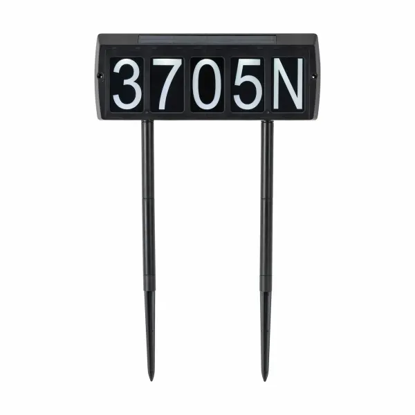 Eco-friendly solar address light that automatically illuminates your home number from dusk to dawn. Features dual color temperature LEDs, weather-resistant resin construction, and versatile ground stake or wall mount installation.