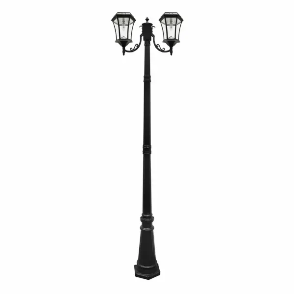 This elegant double-headed solar lamp post combines 19th-century Victorian styling with cutting-edge solar LED technology. Standing 90 inches tall with weather-resistant cast aluminum construction, it delivers 300 lumens of warm white light for up to 10 hours without any wiring required.
