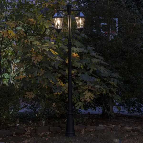 This elegant double-headed solar lamp post combines Victorian styling with innovative Morph technology for maximum solar efficiency. Features 300-lumen warm white LED output, automatic dusk-to-dawn operation, and weather-resistant cast aluminum construction. Perfect for pathways, driveways, and outdoor spaces requiring no electrical wiring. - alternate view