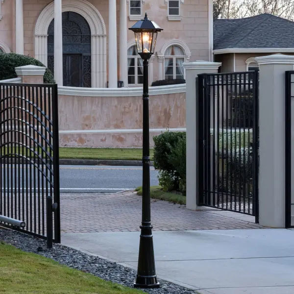 The Windsor Bulb Solar Lamp Post combines traditional elegance with modern solar efficiency. Standing 96 inches tall with weather-resistant cast aluminum construction, it features advanced Morph Solar Panel Technology for 33% more brightness and 65% more charging power. The warm-white LED bulb provides 200 lumens for up to 2 nights on a full charge with zero wiring required. - alternate view