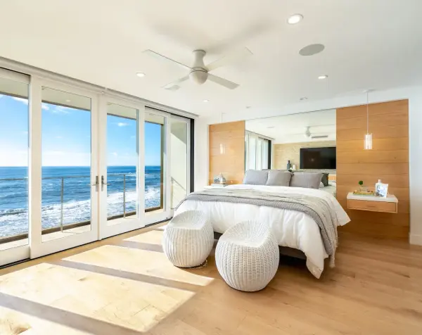 The Ball Flush 42" combines modern minimalist design with practical functionality for rooms with limited ceiling clearance. Its compact flush mount profile maximizes headroom while delivering efficient airflow. - alternate view