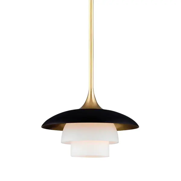 The Barron pendant brings mid-century Danish design principles to modern spaces with its distinctive layered, curved shades that eliminate glare. The textured black exterior contrasts beautifully with the aged brass interior, while nested opal-etched diffusers create soft, ambient light. Compact at 8" diameter, it's ideal for intimate spaces or clustered installations.