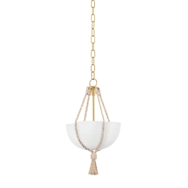 The Amberley pendant beautifully blends natural materials with refined design. Its unique rope suspension and quatrefoil-shaped opal glass shade create soft, diffused light perfect for intimate spaces. The vintage gold finish adds warmth.